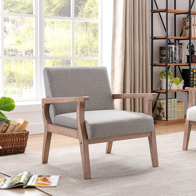 Mid Century Modern Accent Chair Linen Upholstered Armchair Comfy Living Room Chairs Single Fabric Lounge Chair Reading Chair with Solid Wood Frame Grey