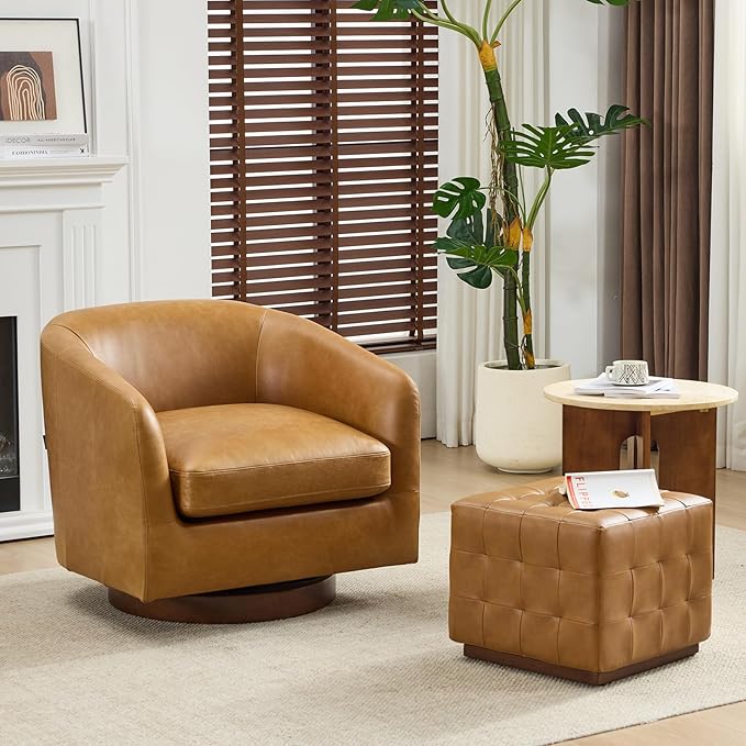 AEDI Oil-Wax Leather Swivel Chair &amp Ottoman Set Modern Barrel Accent Chair Camel