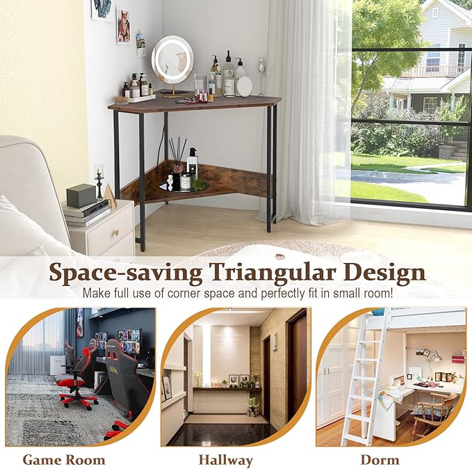 Corner Desk Triangle Computer Desk with USB Ports &amp Power Outlets Small Desk for Small Spaces Compact Makeup Vanity Desk with Storage Shelf Triangle Workstation for Home Office Bedroom