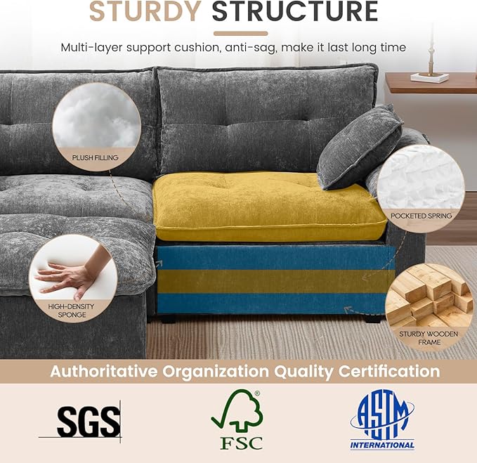 89'' L Shaped Modern Sofa Modular Sectional Cloud Couch with Ottoman Comfy Chenille Deep Seat Sofa with Throw Pillows/USB 2 Seater Couch for Living Room for Living Room Office and Apartment