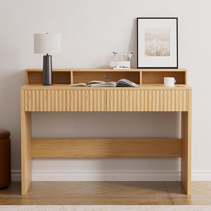 47 Fluted Office Desk with Storage Shelf Modern Wood Executive Desk with Long Monitor Stand &amp 2 Drawers Home Writing Study Computer Table Vanity Desk Natural Oak