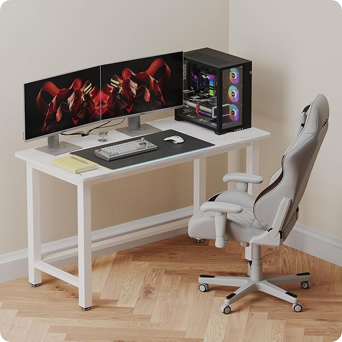 51 Home Office Desk Modern Computer Desk 51.2x23.6x29.5 inches PC Table with Thicken Frame Industrial Style Sturdy Metal Frame Furniture for Writing Gaming Marble White+White