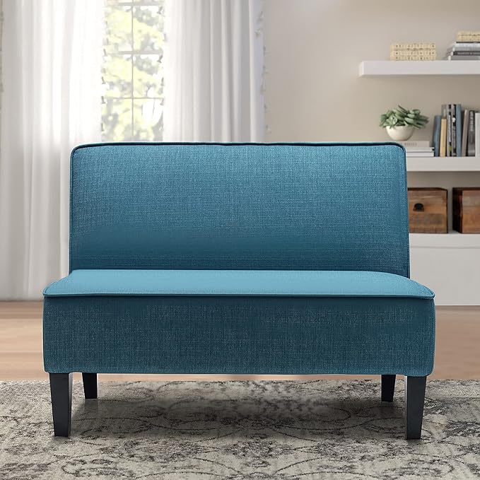 Yongqiang Small Loveseat Mini Sofa Couch Accent Upholstered Bench with Back Living Room Bedroom Office Armless Love Seat Settee Blue