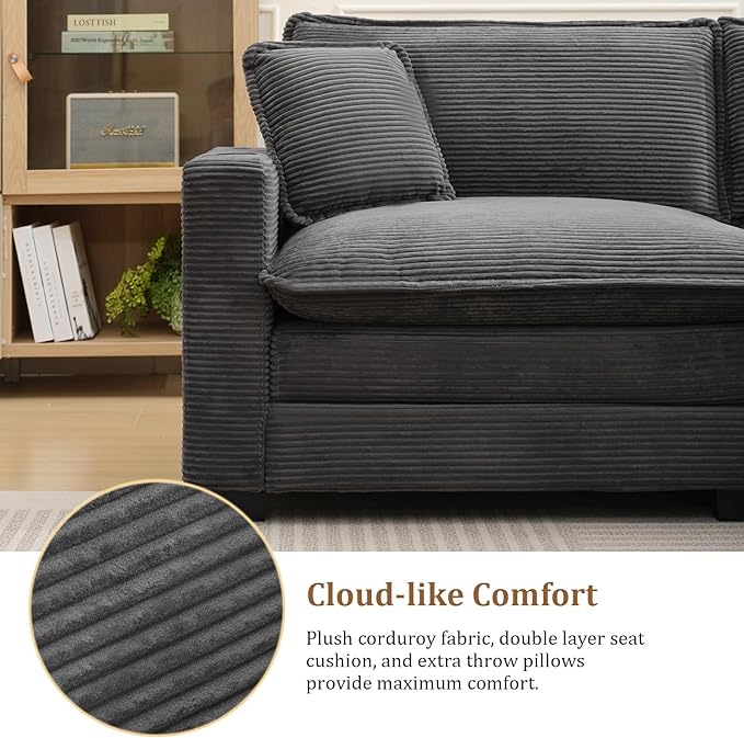 KIVENJAJA Corduroy Cloud Sectional Couch Modular Oversized Loveseat Sofa with Ottoman Cup Holders &amp USB Port Comfy 2 Seater Love Seat for Living Room Small Space 82.7”W Grey