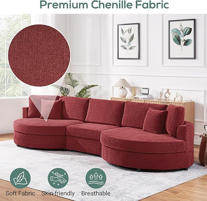 Merax 129 inches 3-Seater Curved Chenille Sofa Modern Upholstered Living Room Couch with Thick Cushions Includes 2 Throw Pillows Easy Assembly Red