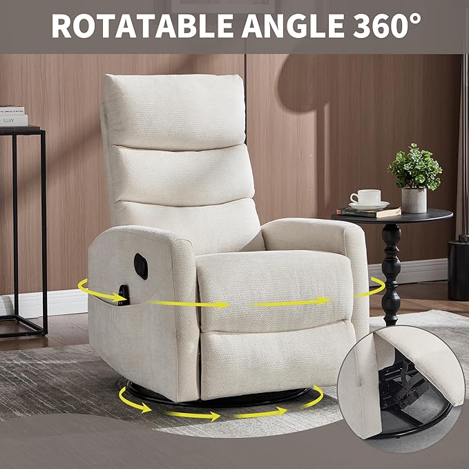Manual Swivel Rocker Recliner Chair for Adults Overstuffed Glider Chair for Nursing with Vibration Massage &amp Heat Living Room Rocking Recliner 3-Stage backrest Chenille Fabric Beige
