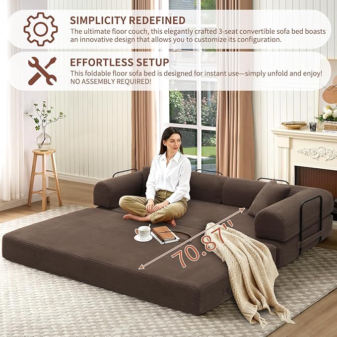 Convertible Sleeper Sofa Bed 1600lbs Weight Capacity Floor Sofa Bed with Fixed-Shape Frame Corduroy Foldable Couch for Small Space Lounge Mattress for Living Room Apartment Game Room (Brown)