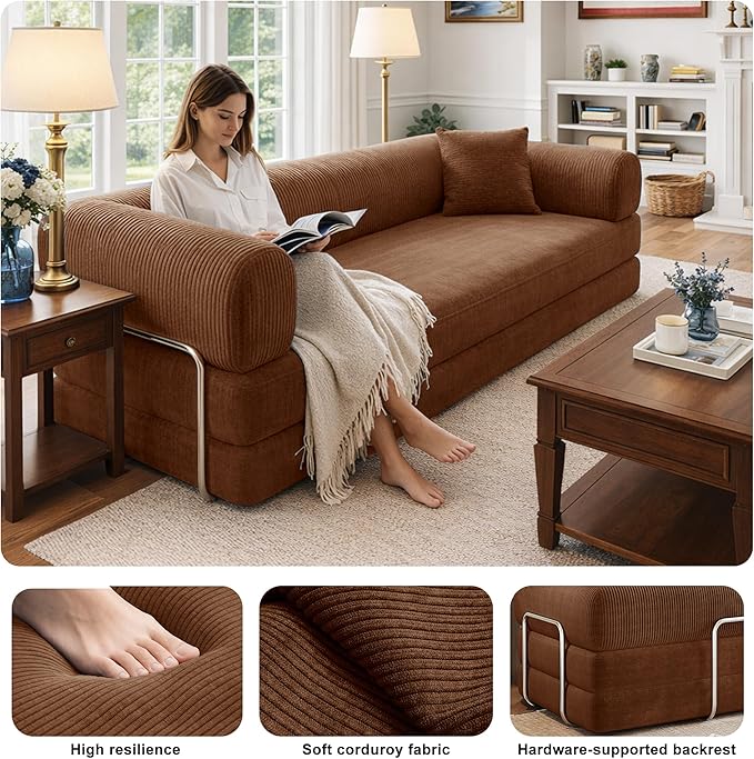 78Inch Compression Sofa 4-in-1 Convertible Floor Sleeper Sofa Bed Folding Sofa Couch with Pillow Support Armrest Cloud Corduroy Foldable Mattress for Living Room Bedroom