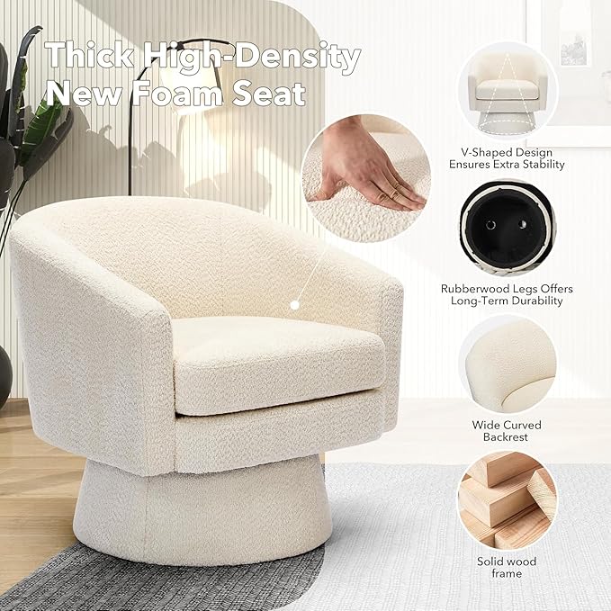 Modern 360° Swivel Accent Chair - Chenille Lounge Reading Sofa with Storage Space Single Club Armchair for Living Room Bedroom Office(Beige)