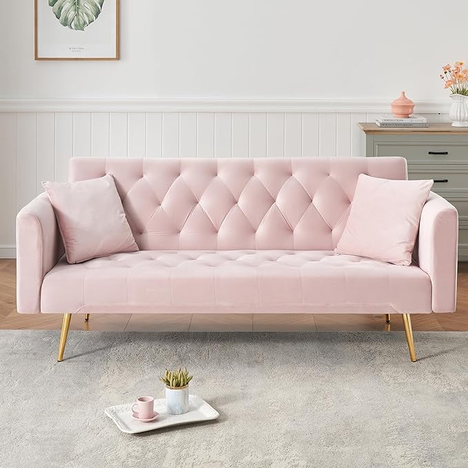 71 Modern Velvet Sofa Bed Futon Convertible Sleeper Couch with Adjustable Backrest Tufted Recliner Loveseat with Golden Chrome Legs &amp 2 Pillows for Small Spaces Living Room Apartment (Pink)