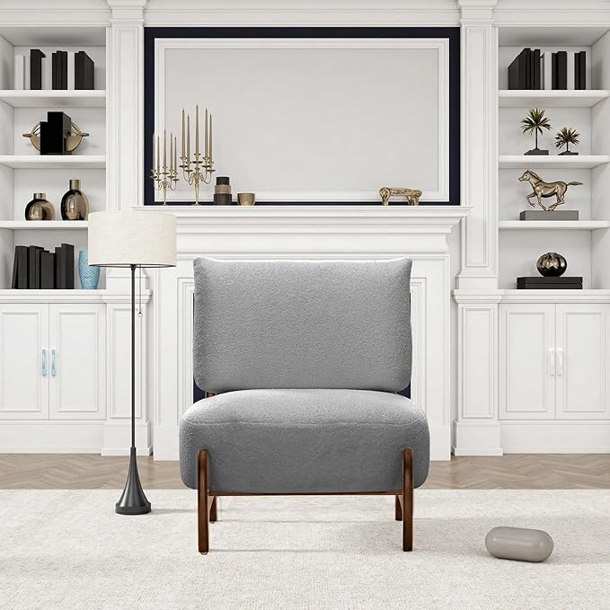 Modern Living Room Accent Chair Teddy Fleece Solid Rubberwood Frame Contemporary Lounge Seating for Reading Corner (Gray)