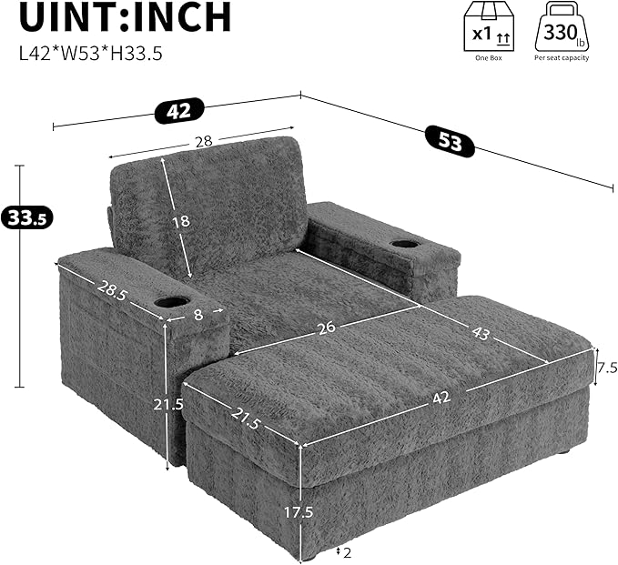 P PURLOVE Oversized Chaise Lounge Chair Indoor with Storage and OttomanSleeper Chair with Cup Holder and Storage ArmrestReclining Chair for Living RoomBedroomOffice