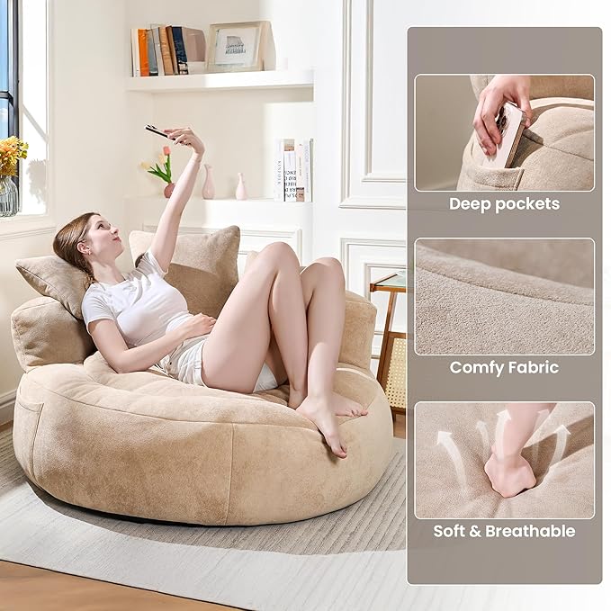 50 Bean Bag Chair with 3 Pillows Oversized Round Chaise Longue Chair Indoor No Assembly Couch Ultra Soft Faux Fur Floor Sofa Chair for Living Room Bedroom Apartment Office Khaki
