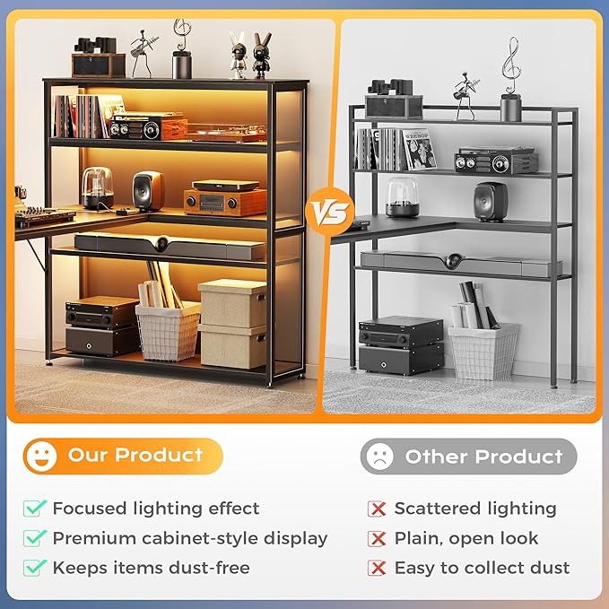 PRAISUN 57 Inch L Shaped Gaming Computer Desk with Larger Open Cabinet Reverisble Office Desk with Power Outlets LED Lights Work Desk Fabric Drawer Adjustable Wood and Mesh Shelf Black