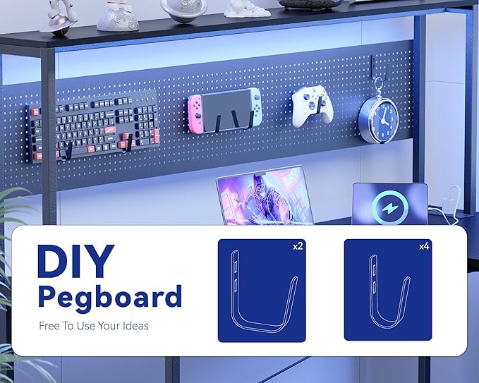 Pamray 60 Inch L Shaped Gaming Desk with LED Lights and Power Outlets Reversible Corner Computer Desk with Pegboard Storage Shelves Home Office Table for Work Study Black