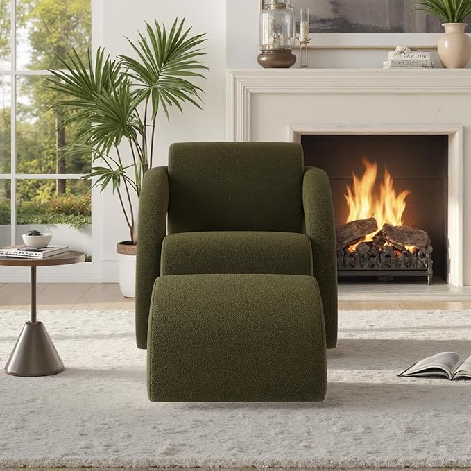 Soohow Upholstered Armchair with Ottoman – Plush Bouclé Fabric Curved Seat &amp Sled-Base Lounge Chair for Living Room Bedroom Study