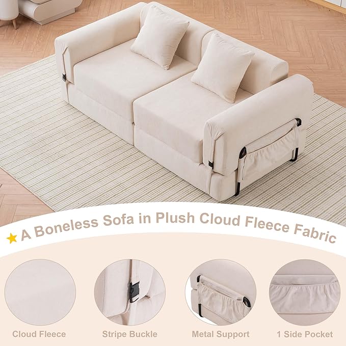 Cloud Modular Sectional Sofa Foldable Floor Couch Bed Convertible Sleeper Sofa Bed Fold Out Boneless Couches for Living Room Office Guest Room Apartment (Loveseat Beige)