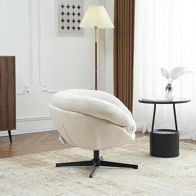 Christopher Knight Home 360° Swivel Club ChairChenille Upholstered Accent Chair with Removable Cushion Round Office Chair with Black Metal BaseBeige