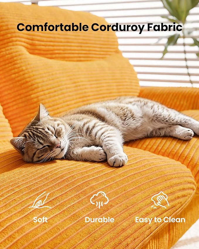 Amada 66 Convertible Futon Sofa Bed Corduroy Folding Futon Set with Adjustable Backrest &ampArmrests Recliner Lounge for Living Room Apartment or Office Solid Wood Frame Loveseat Sofa - Orange