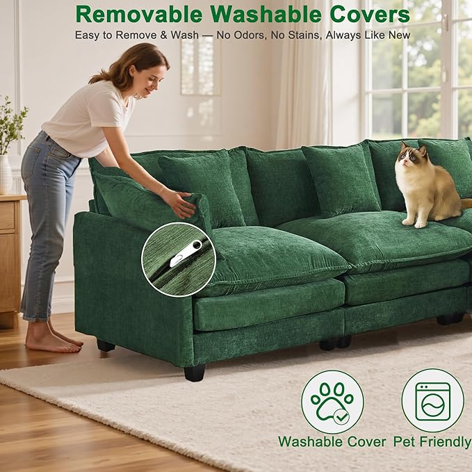 111.4 L-Shaped Cloud Chenille Sofa Sectional Couch with Reversible Chaise Flexible 3+1 Layout for Large Spaces Deep Seat and Free Pillows Included