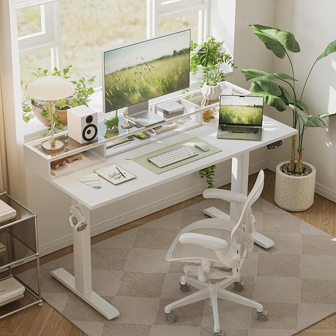Agilestic Glass Standing Desk with Storage 48 Inch Electric Adjustable Desk with Glass Shelf Sit Stand Up Home Office Computer Table Splice Board White