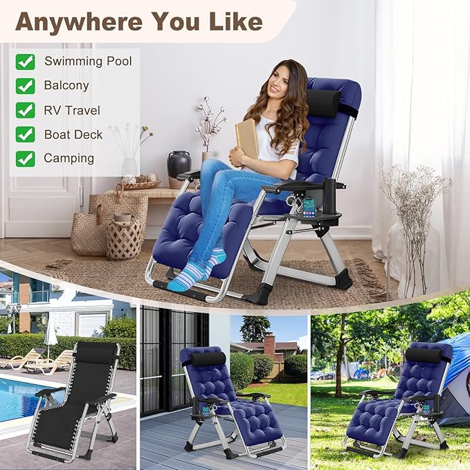 DoCred Comfy Chair Folding Chair Recliner Chair for Bedroom and Living Room Folding Reclining Patio Chairs Lounge Chair with Removable Cushion for Indoor Outdoor