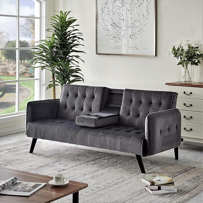 Container Furniture Direct 72 Velvet Convertible Sofa Bed with Cup Holders Tufted Folding Futon Sleeper Couch Mid-Century Modern 3 Seater for Small Spaces 72 L x 34.6 D x 31 H Grey
