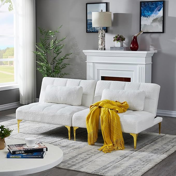 71 Sectional Sofa Bed Convertible Futon Couch with Adjustable Backrest Comfy Loveseat Sleeper with 2 Pillows Modern Armless Love Seat with Gold Metal Legs for Small Living Room Bedroom White