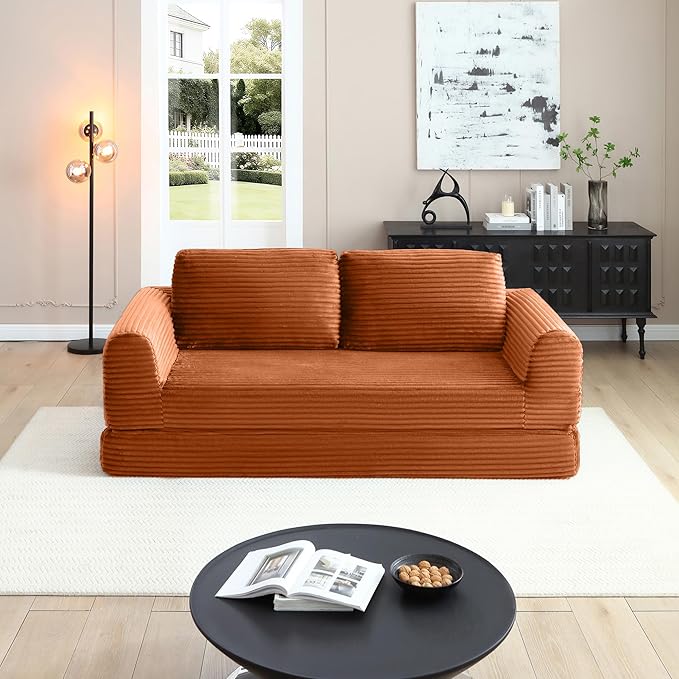 82 Corduroy Convertible Boneless Couch with Pull-Out Bed 2 in-1 Folding Convertible Sofa Bed with Pillows Loveseat Floor Sofa Couches for Living Room No Assembly Required (Orange) | Breathable Mat