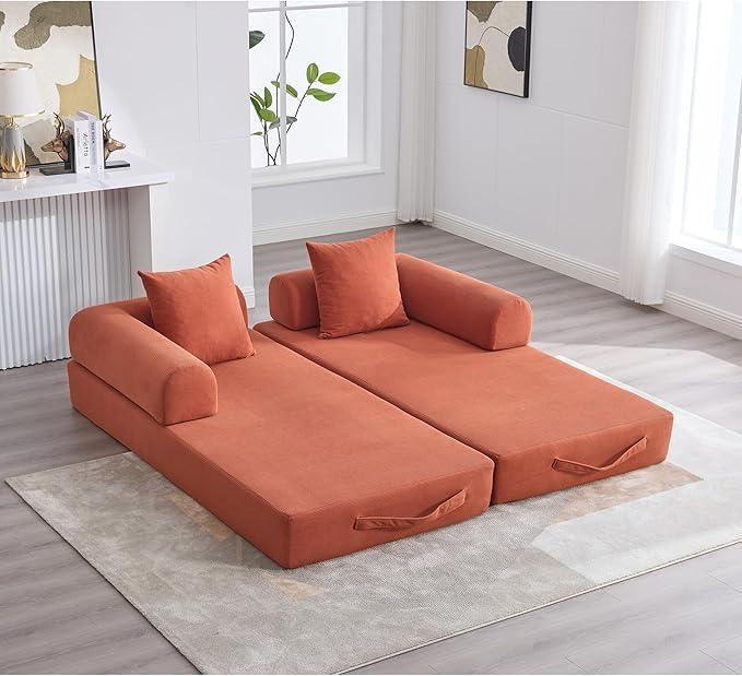 Convertible Sleeper Sofa Bed with Fixed-Shape Frame Floor Sofa Lounge Couch with Cylindrical Pillow Corduroy Folding Mattress Couch for Living Room Bedroom Burnt Orange