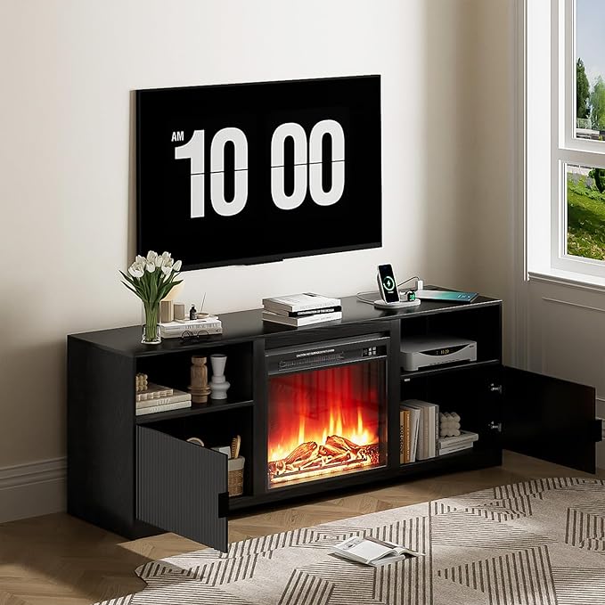 Fireplace TV Stand for Television up to 80 InchEntertainment Center with Adjustable ShelfMid-Century Modern Fluted TV Stand with 23 Electric FireplaceMedia Console for Living RoomBedroom