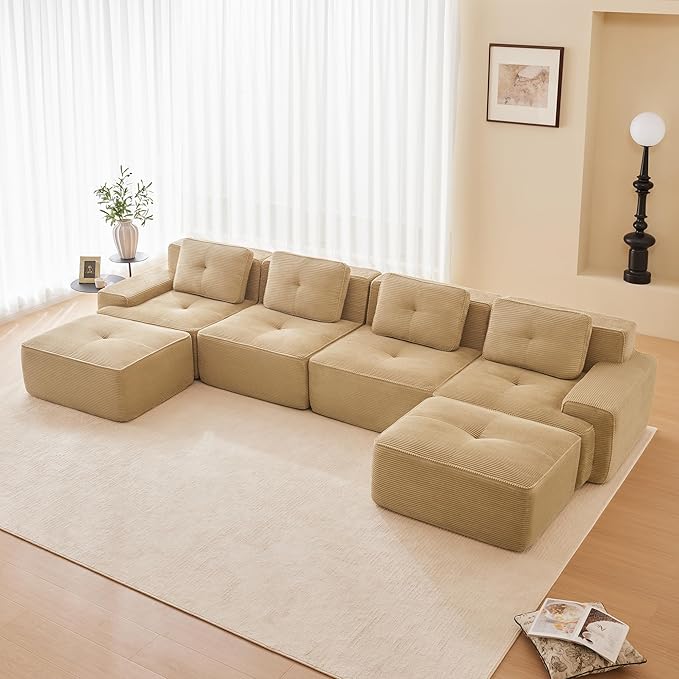 Boneless Couch Modular Sectional Sofa 153 Modern Cloud Couch with Deep Seat Comfy Corduroy U Shaped Sectional Couches for Living Room 4 Seater Tufted Floor Sofa with Movable Ottoman Camel