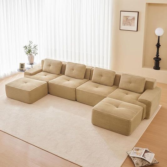 Boneless Couch Modular Sectional Sofa 153 Modern Cloud Couch with Deep Seat Comfy Corduroy U Shaped Sectional Couches for Living Room 4 Seater Tufted Floor Sofa with Movable Ottoman Camel