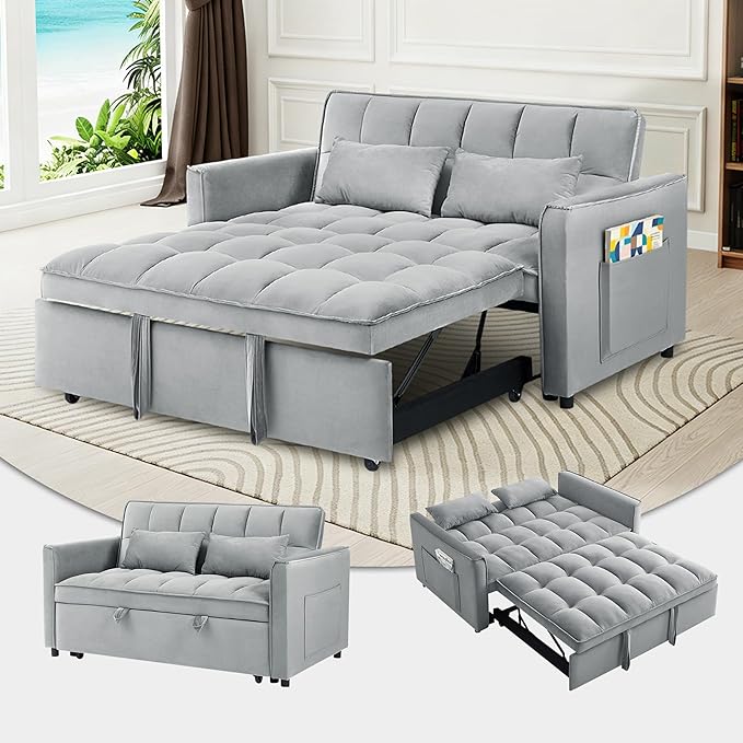 Convertible Sofa Bed 3 in 1 Sleeper Sofa with Adjustable Backrest Pull Out Couch Loveseat with 2 Pillows &amp Side Pockets for Living Room Bedroom Apartment 55 Velvet | Light Gray