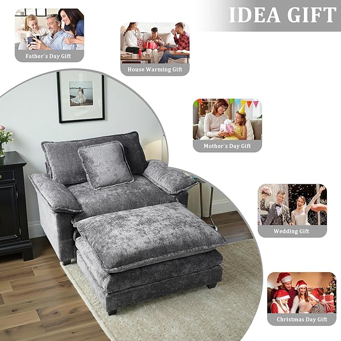 Gexpusm Oversized Accent Chair with OttomanOversized Chaise Lounge Chair Indoor with Deep SeatReading Chair Comfy Chenille Sofa Couch Chair for Living Room Bedroom Modern Lounge Chair (Grey)