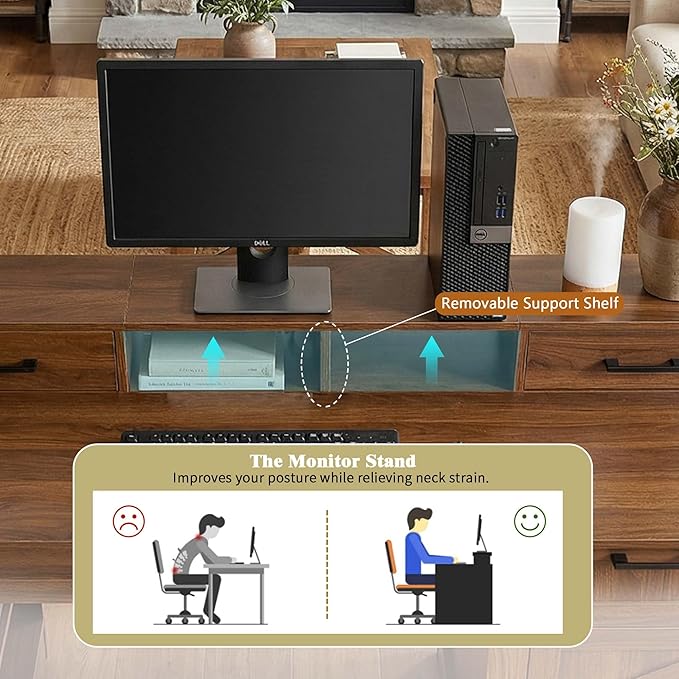 White Farmhouse Desk with Drawers &amp Charging Station Wood Executive Desk with Storage Cabinet &amp Keyboard Tray Computer Desks with Monitor Stand &amp Pegboard for Home Office (Brown)