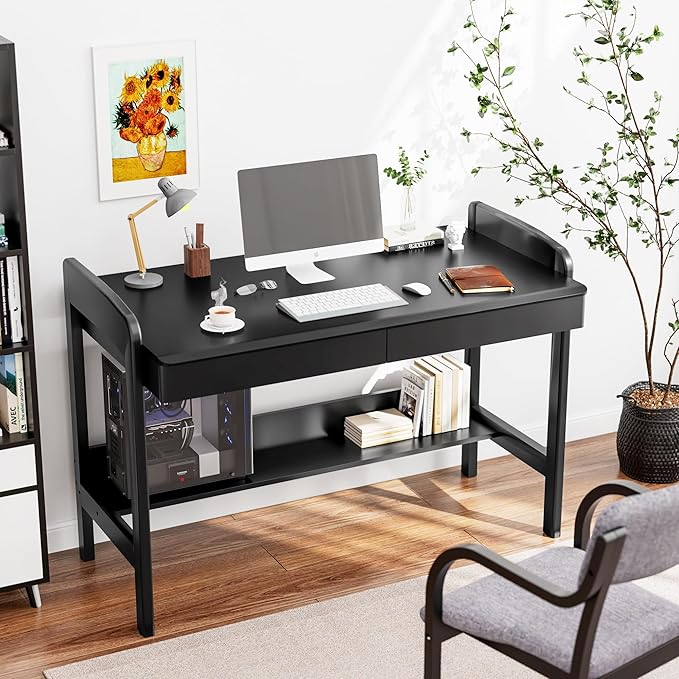 100% Solid Wood Desk with Drawers - 40 Inch Simple Modern Desks Writing Desk with Drawers &amp Shelf Work Study Table Adjustable Height Home Office Computer Desks - Black