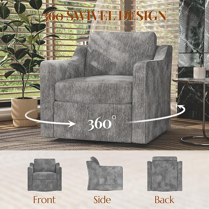 360° Swivel Accent Chair Large Comfy Reading Chairs Accent Square Single-seat Armchair Upholstered Sofa for Reading Nursery Living Room Bedroom Hotel Lounge Grey