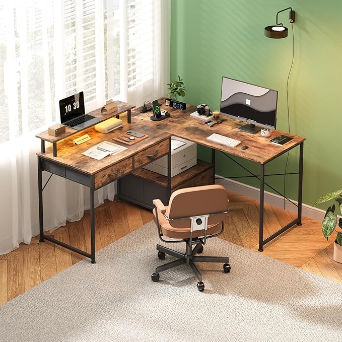 L Shaped Computer Desk 78.7 Reversible Home Office Desk with Printer Storage Shelf &amp 3 Fabric Drawers Two Person Desk with LED Lights &amp Power Outlet Corner Gaming Desk with Monitor Shelf