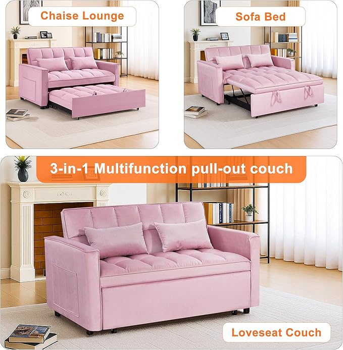 3 in 1 Convertible Sleeper Sofa BedFuton Loveseat Couch with Pull-Out Bed &amp Adjustable BackrestVelvet Fabric Sofa with Side Pocket for Small Apartment Living Room Office
