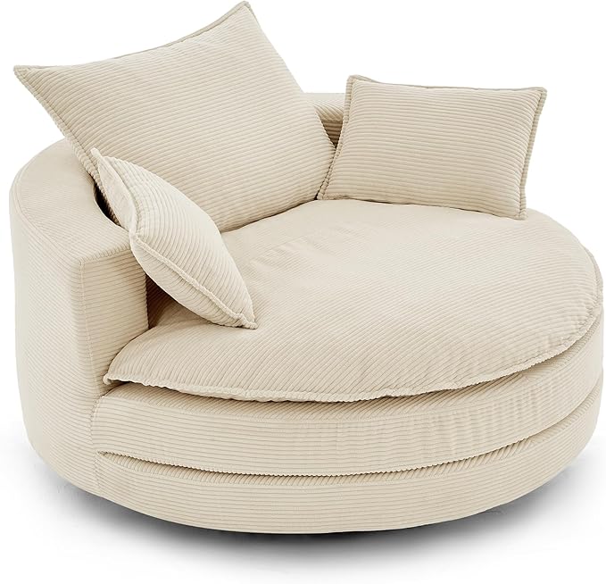 360° Swivel Sofa Chair with Dual-Layer Cushion Design 57.5 Swivel Round Accent Barrel Chair with 3 Removable Pillows for Living Room Office and Hotel (Beige//261)