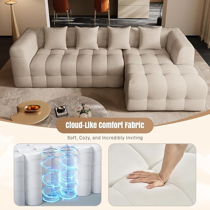 120 Boneless-Couch L-Shaped Sofa for Living Room Cloud Couch with Chaise Lounge Sectional Upholstered Chenille Deep Seat Couches with 4 Pillows No Assembly Required Light Brown