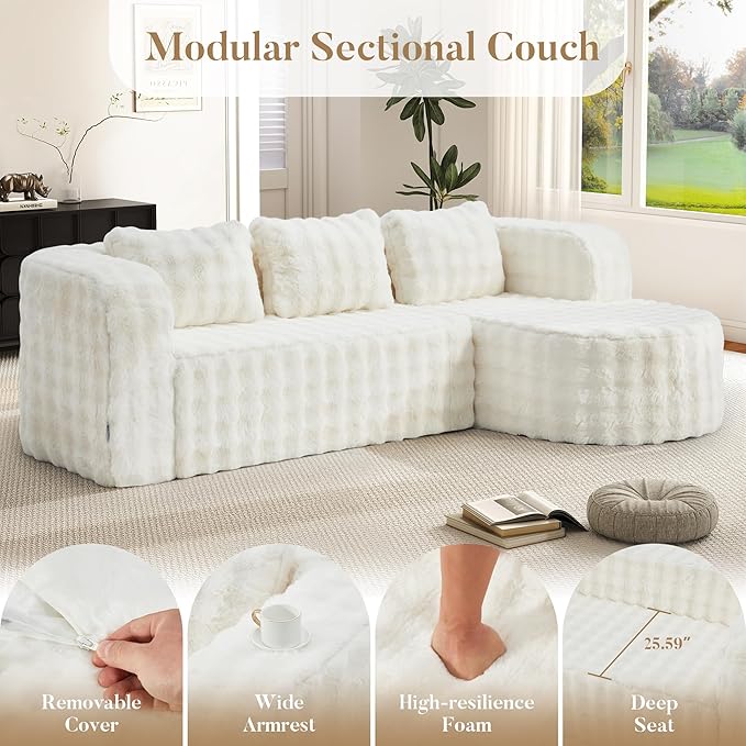 Hobestluk 96 Cloud Sectional Couch Modern Boneless Couch 3 Seater with Oversized Chaise L Shaped Modular Sofa Couches for Living Room Apartment No Assembly Required (Bubble WhiteRight Facing Chaise)