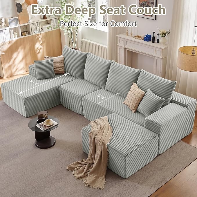 135 L-Shape Sofa with Ottoman Modern Modular Sectional Comfy U-Shape Cloud Couch Deep Seat Upholstered Corduroy Sleeper Chaise Longue for Living Room Bedroom No Assembly Required Grey