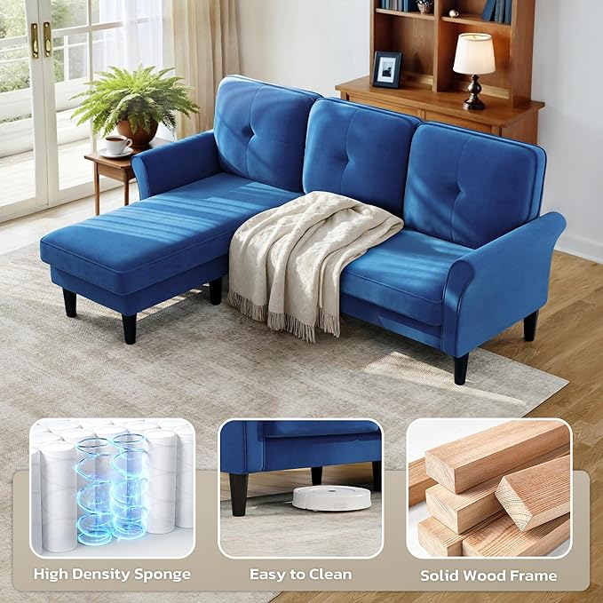 Sofas for Living Room 83 Velvet Sectional Couch with Moveable Ottoman Midcentury Modern Small Sectional Couch L Shape Sofa &amp 3 Seater Couches for Living Room Apartment Bedroom Blue