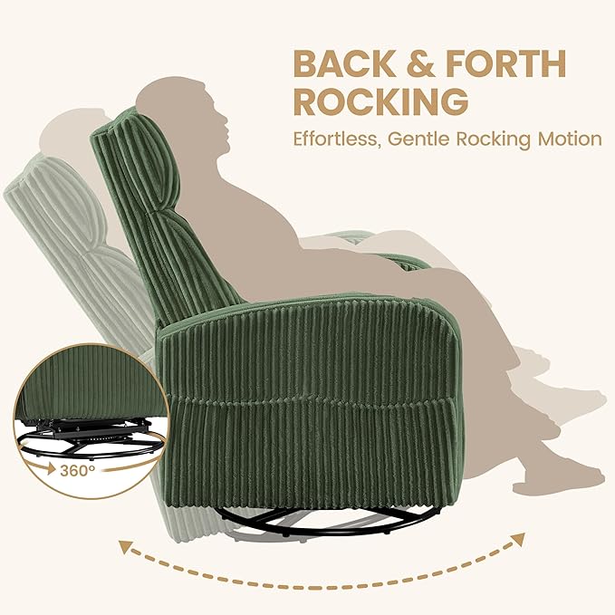 Yaheetech 360° Swivel Glider Chair for Nursery Rocking Chair Nursing Chair with Side Pockets Corduroy Glider for Living Room with High Back Dark Green