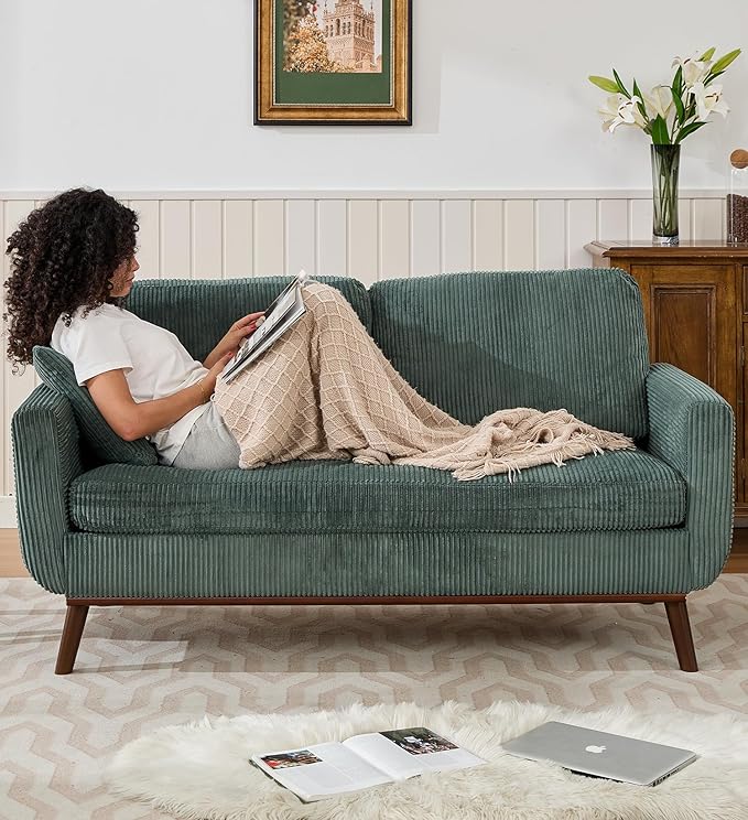 Tbfit 65 Corduroy Love Seat with Spring Cusions Mid Century Modern Loveseat Sofa for Livingroom &amp Bedroom Comfy Upholstered Small Couch