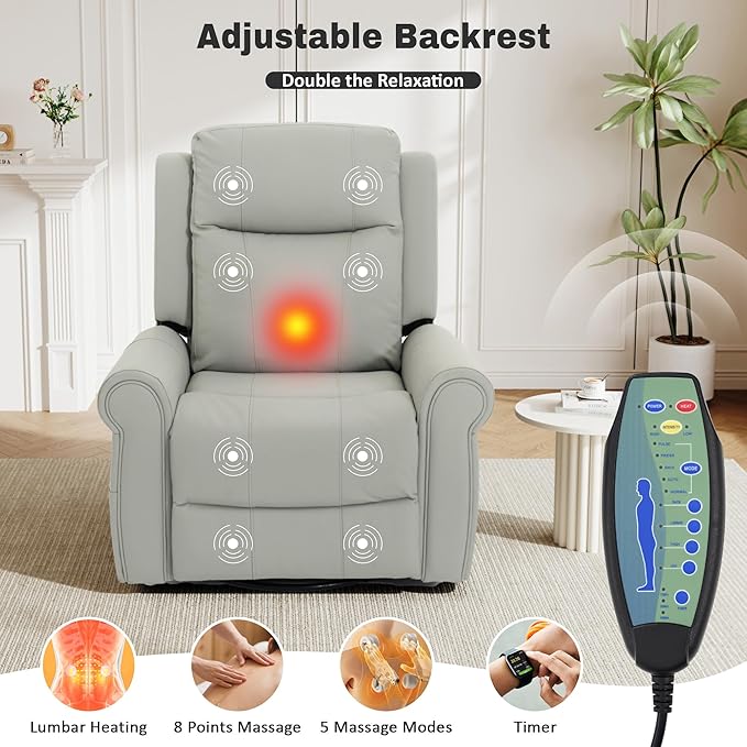 Merax 270°Swivel Rocker Recliner Chair PU Leather Manual Recliner with Massage and Heating Dual Reclining Positions and Side Pocket and for Living Room Bedroom or Nursery Grey