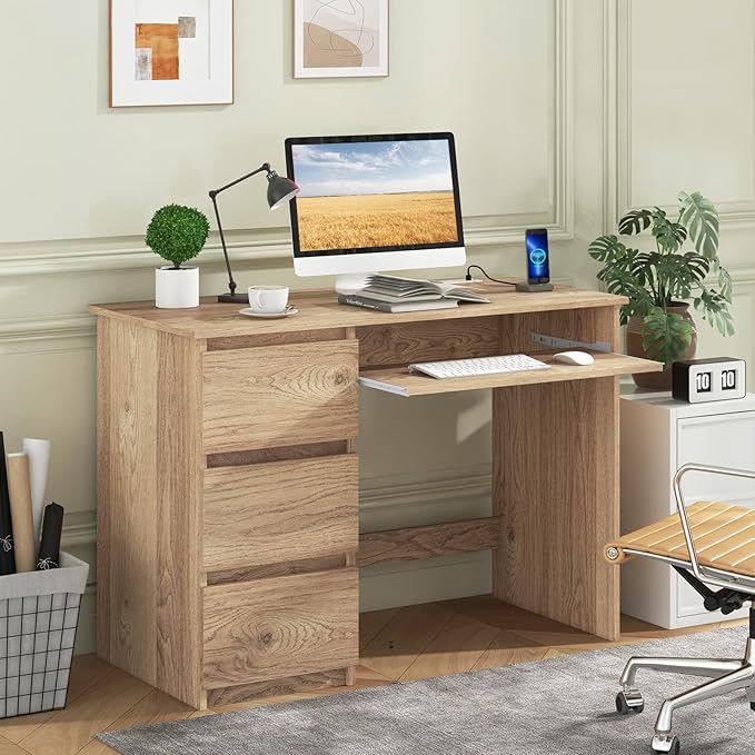 Nightcore 42” Computer Desk with Power Outlets Writing Desk with 3 Storage Drawer &amp Keyboard Modern PC Workstation Study Desk for Bedroom Home Office (Natural)