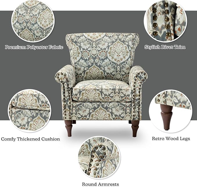 HULALA HOME Modern Wingback Accent Chairs Set of 2 with Wood Legs &amp Removable Cushion Comfy Upholstered Armchairs with Nailhead Trim Floral Pattern Single Sofa Chairs for Living Room Bedroom Pi